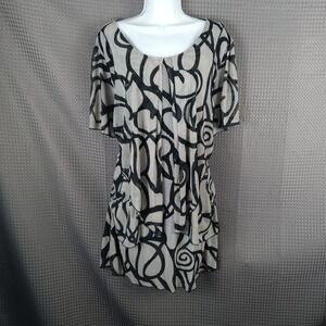 Modelia XL Black White Abstract Mesh Overlay Dress Short Sleeve Back Tie Graphic